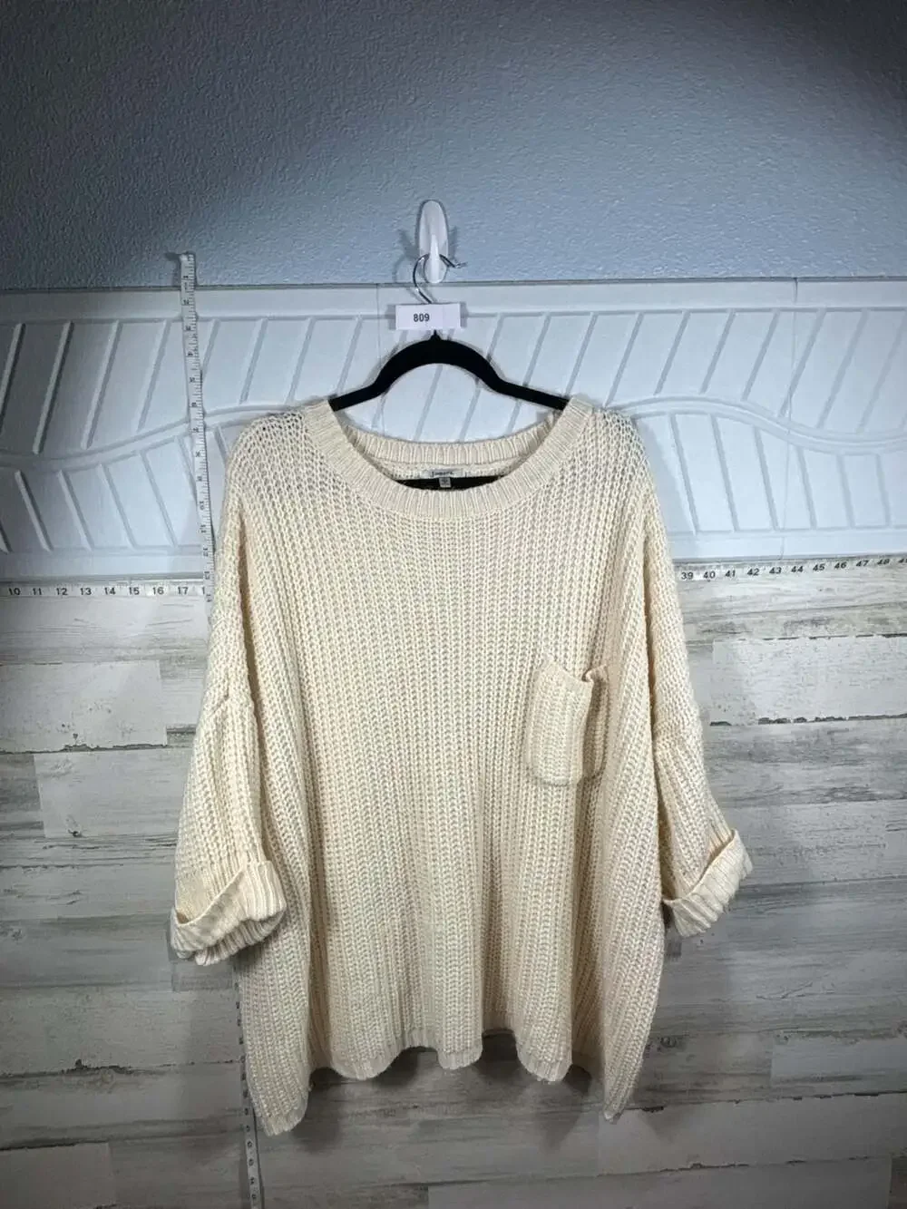 J.O.A. Beige Chunky Knit Oversized Sweater with Front Pocket
